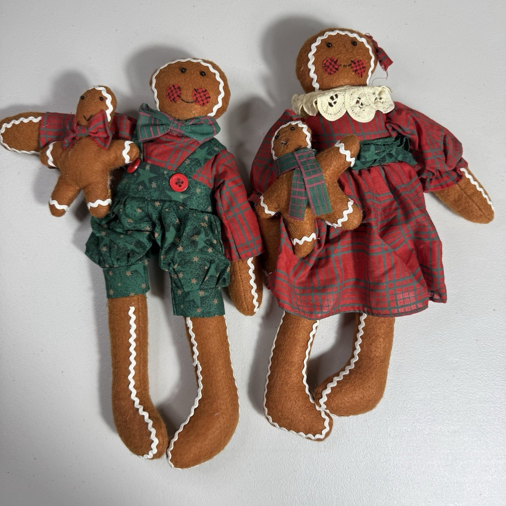Vintage Stuffed Gingerbread Family Boy Girl Christmas Holiday Decor Farmhouse - Picture 2 of 9